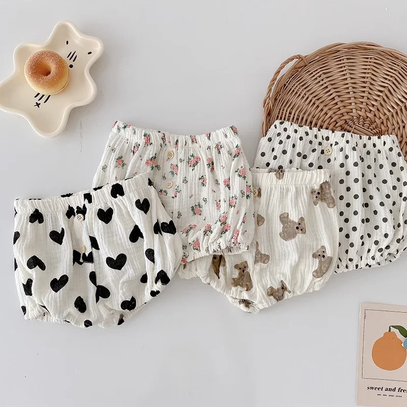 Newborn Baby Boy Girl Cotton Shorts Flat Angle PP Pants Spring Summer Infant Toddler Cartoon Bear Floral Baby Clothes 3M-2Y