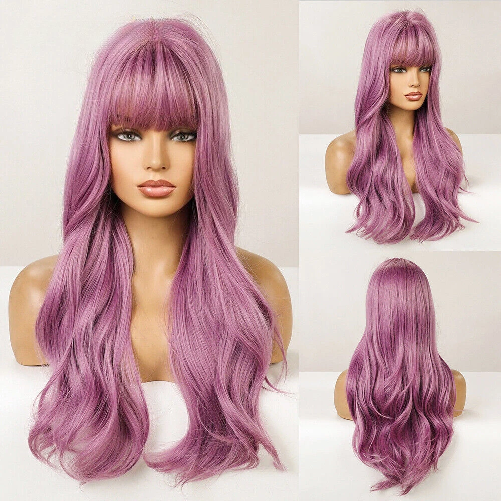 

Длинные Волнистые Розовые фиолетовые синтетические челки для женщин, Искусственные парики для косплея