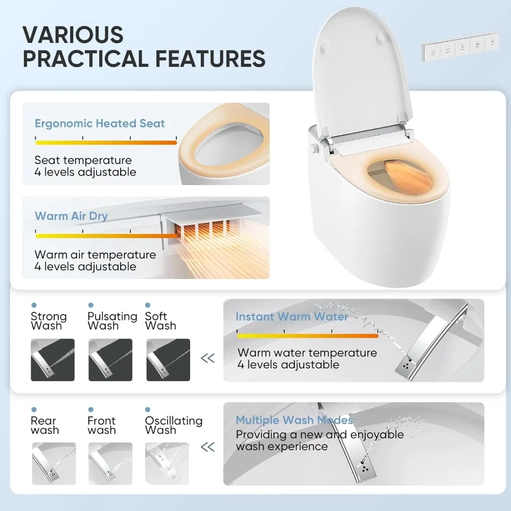Smart Toilet with Built-in Bidet Seat, Tankless Toilet with Auto Lid Opening, Closing and Flushing, Digital Display, Elongated 2