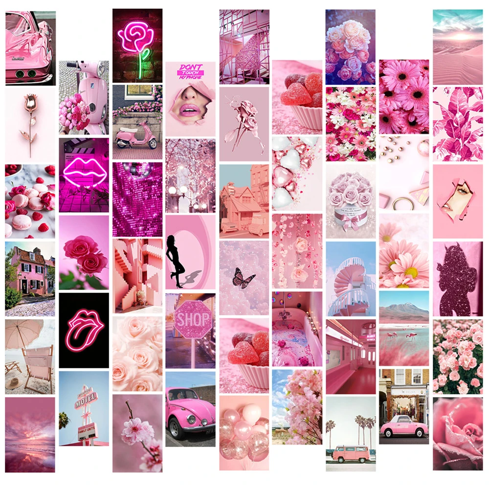 50 Pieces Photo Collage Kit Pink Aesthetic Postcard Cute Car Flower Rock Poster Indie Bathroom Girl's Room Decorations|Wall - AliExpress