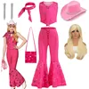 Toddler Girls Cowboy Pink Vest Pants Scarf 3 Pcs Clothing Set Margot Movie Role Play Costume Barbi Cowgirl Youth Outfit Cosplay