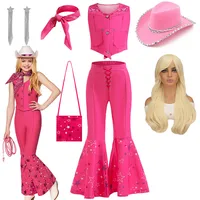 Toddler Girls Cowboy Pink Vest Pants Scarf 3 Pcs Clothing Set Margot Movie Role Play Costume Barbi Cowgirl Youth Outfit Cosplay