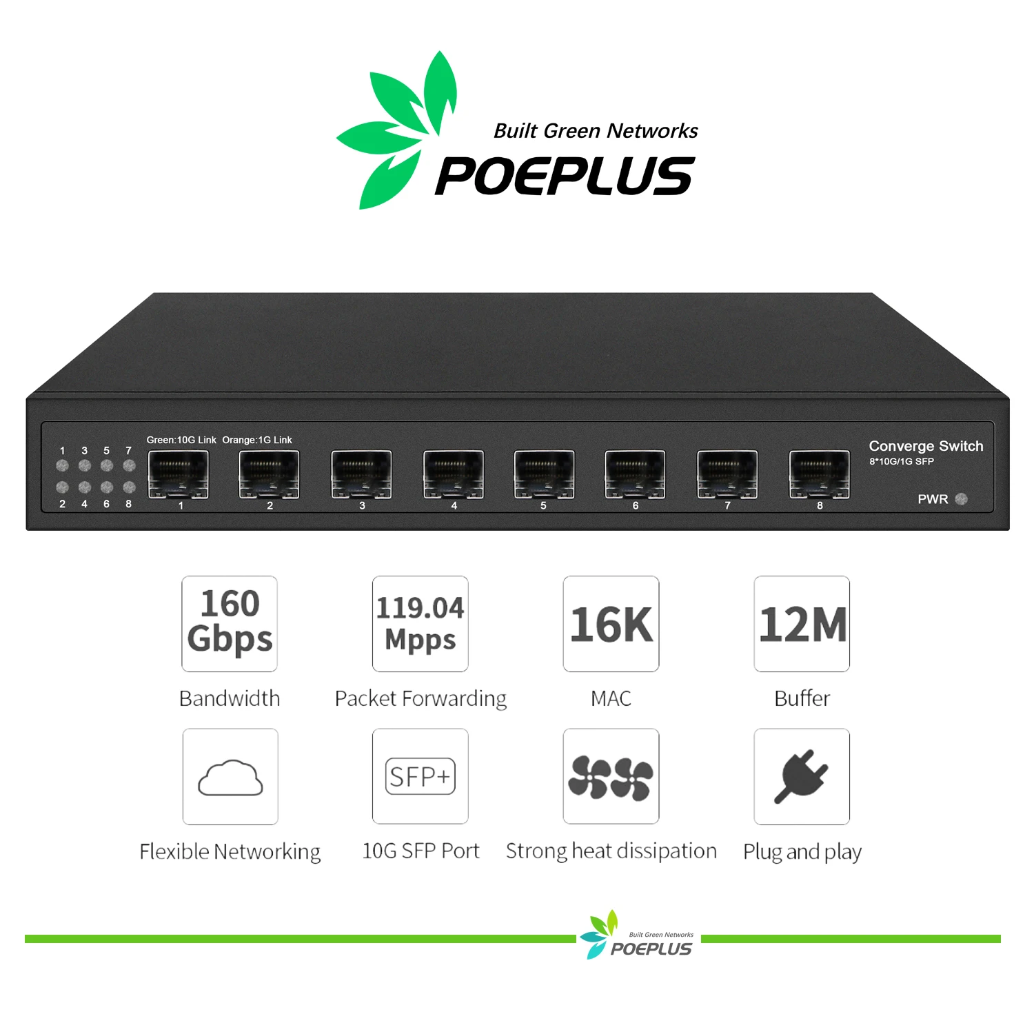 

8 ports 10Gbe SFP+ optical fiber Switch, 100/1000M/1G/10G adaptive,L2/L3/unmanaged type optional