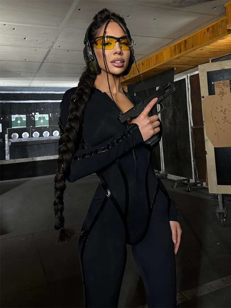 Mono deportivo de cuero con cremallera y cintura ajustada para mujer, mono de primavera con manga larga y retazos de cinta con abertura, monos de calle