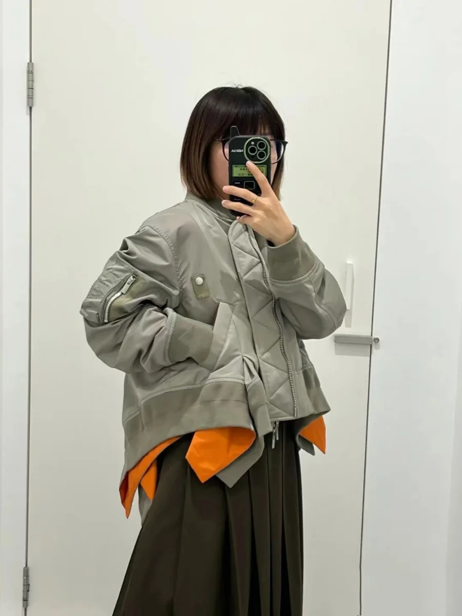 FOG SACAI 2024 Cherie Chen Patchwork Pleated Asymmetrical Hem Jaet Casual Outerwear Polyester Cotton Blend Spring Commute S...