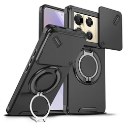 Shockproof Armor Slide Camera Case with Magnetic Ring Holder & Lens Protection for Infinix Note40Pro 4G (LK - Black)