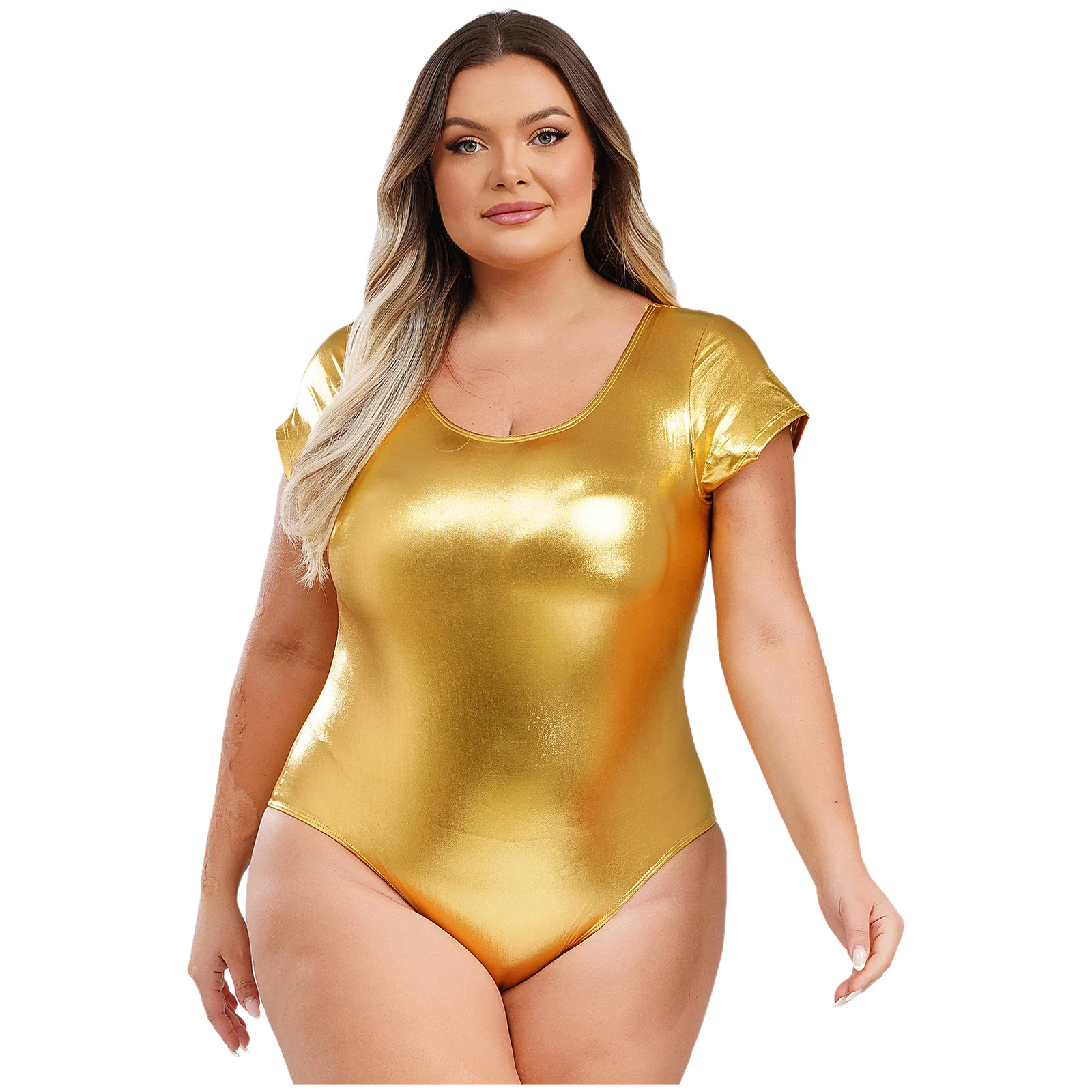 Women Metallic Shiny Patent Leather Bodysuit Swimsuit Short Sleeve Ballet Dance Gymnastics Leotard Yoga Dancewear Party Clubwear