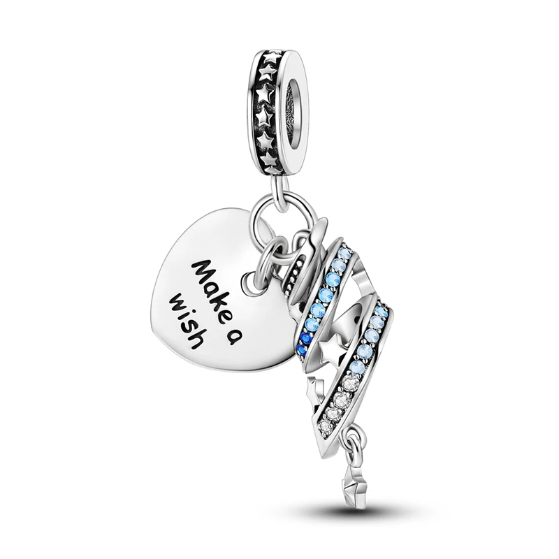 

Exquisite S925 Sterling Silver Blue Meteor Heart Wishing Card 2-in-1 Charm Fit Pandora Bracelet Women's Travel Accessories