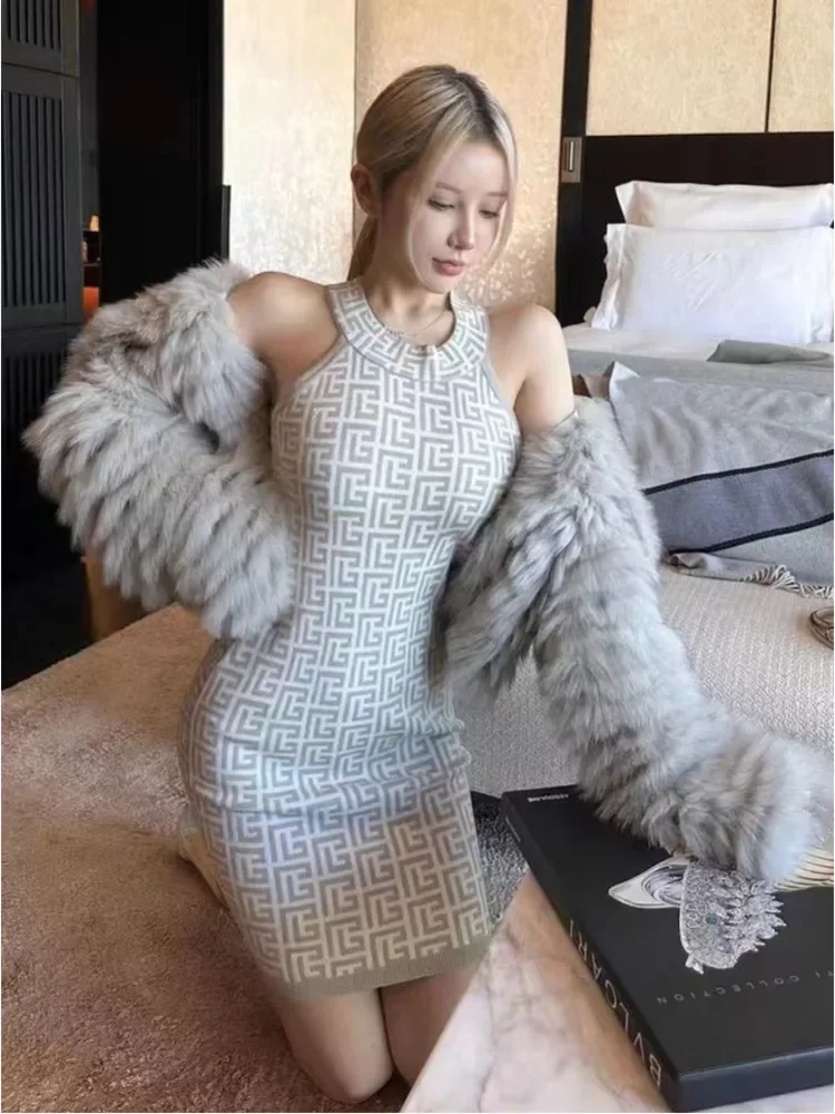 

NMZM Knitted Dress Summer Casual Slim Fit O-Neck Sleeveless Sexy Mini Dress Women's Elegant Jacquard Plaid Fashion Sweater Cloth