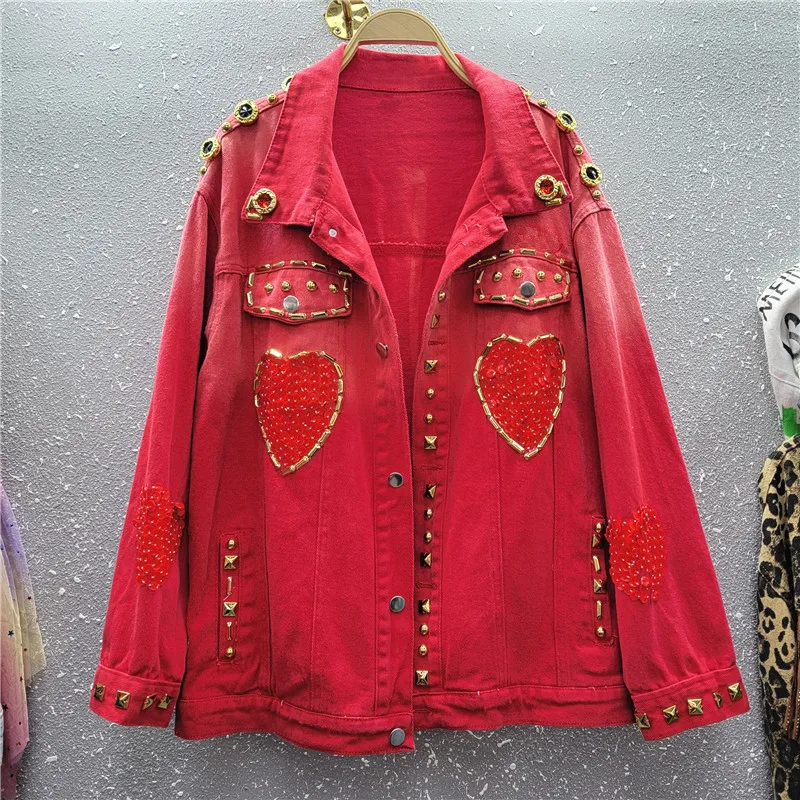 

Streetwear Fashion Red Denim Jackets Women Loose Short Cowboy Outerwear Autumn Korean Diamonds Rivet Jeans Jacket Coat Female