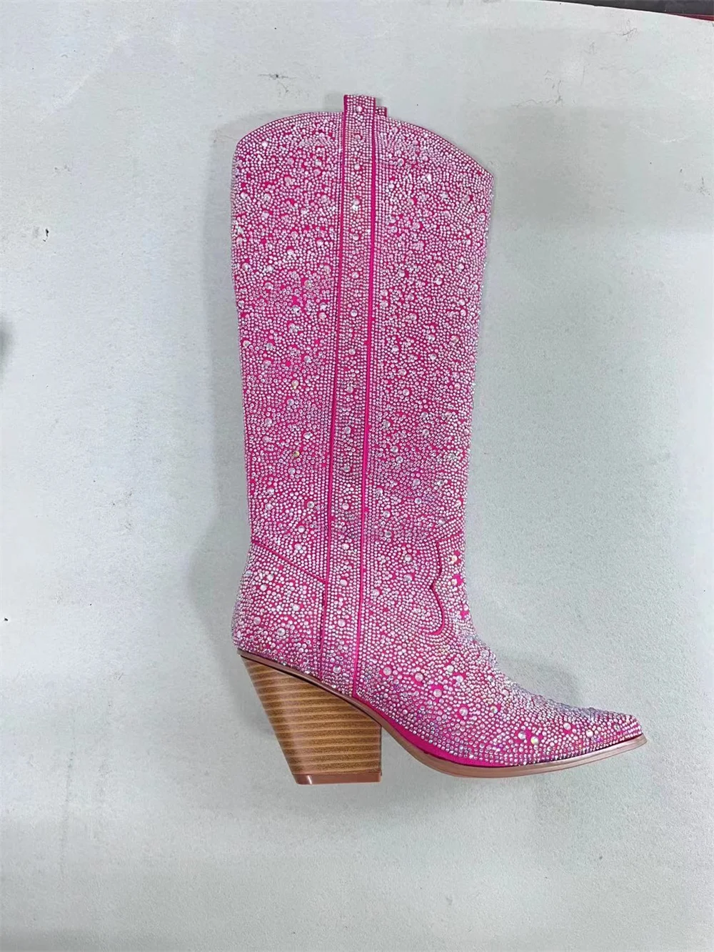 

2023 Spring/Autumn New Style Women's High Chunky Heel Pointed Toe Chelsea Knee High Boots Catwalk Shows With Diamond/Rhinestone