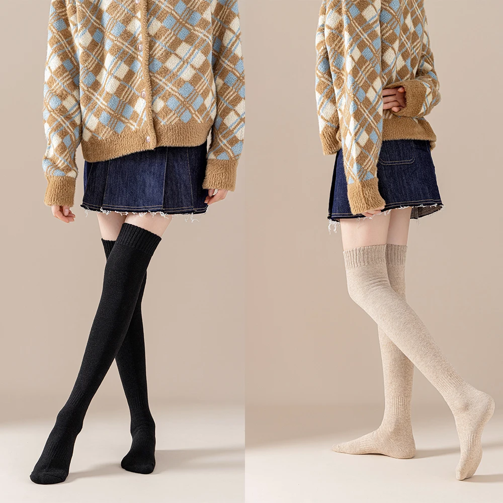 New Winter Women\'s Socks Thickened and Comfortable Terry Warm Knee Guard High Slender Black Beige Leg Over Knee Thigh Stockings