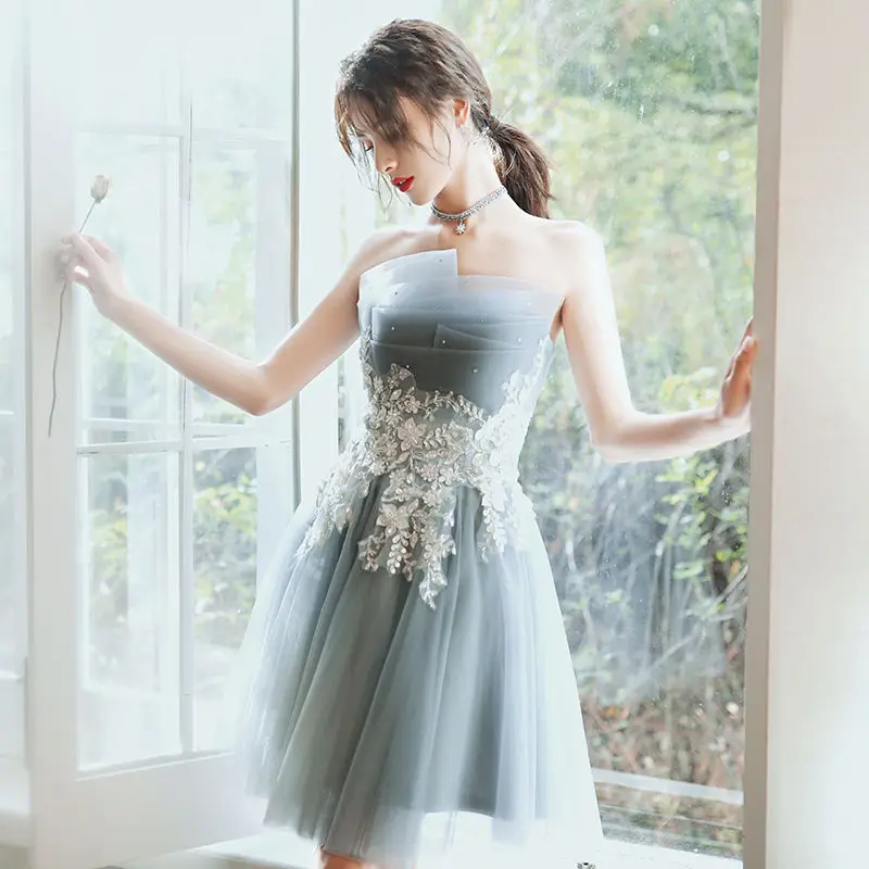 Short grey sweat sleeveless lady girl women bridesmaid dress party evening dress performance gown