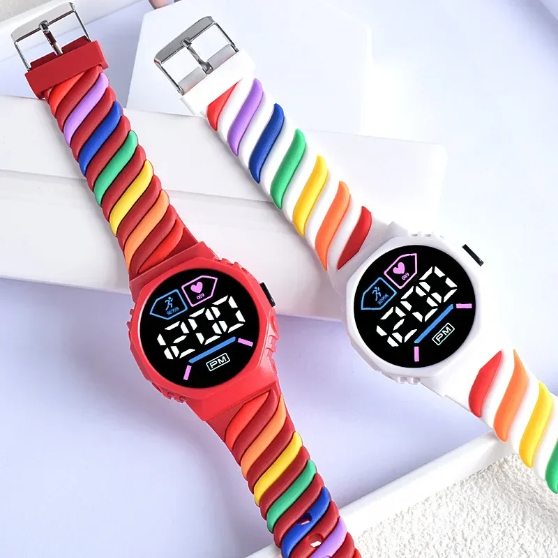 

Цифровые Детские часы YIKAZE с силиконовым ремешком, радужные наручные часы, спортивные светодиодные электронные часы для мальчиков и девочек, подарок для студентов