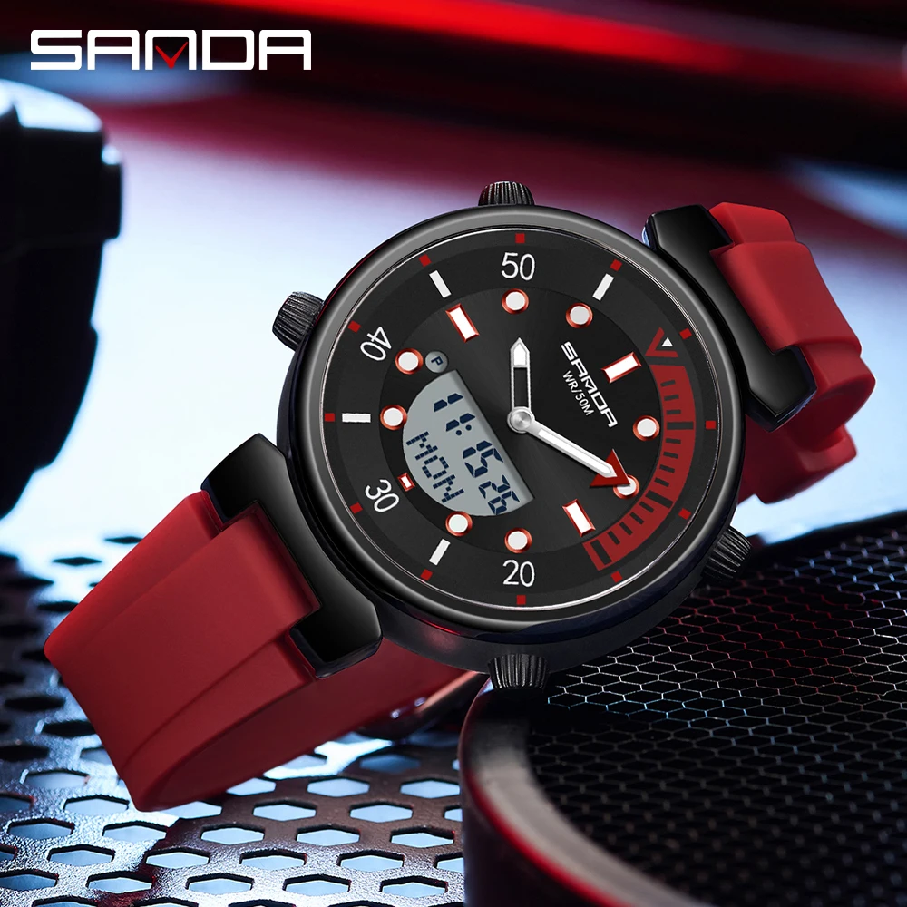 SANDA Men New Fashion Quartz Watch with Electronic Display Luminous LED Trend Mens Watches 50M Water Resistant Reloj Hombre 3122 2023 men women couple lovers flexible elastic strap quartz watch simple stainless steel electronic luminous hands wristwatches