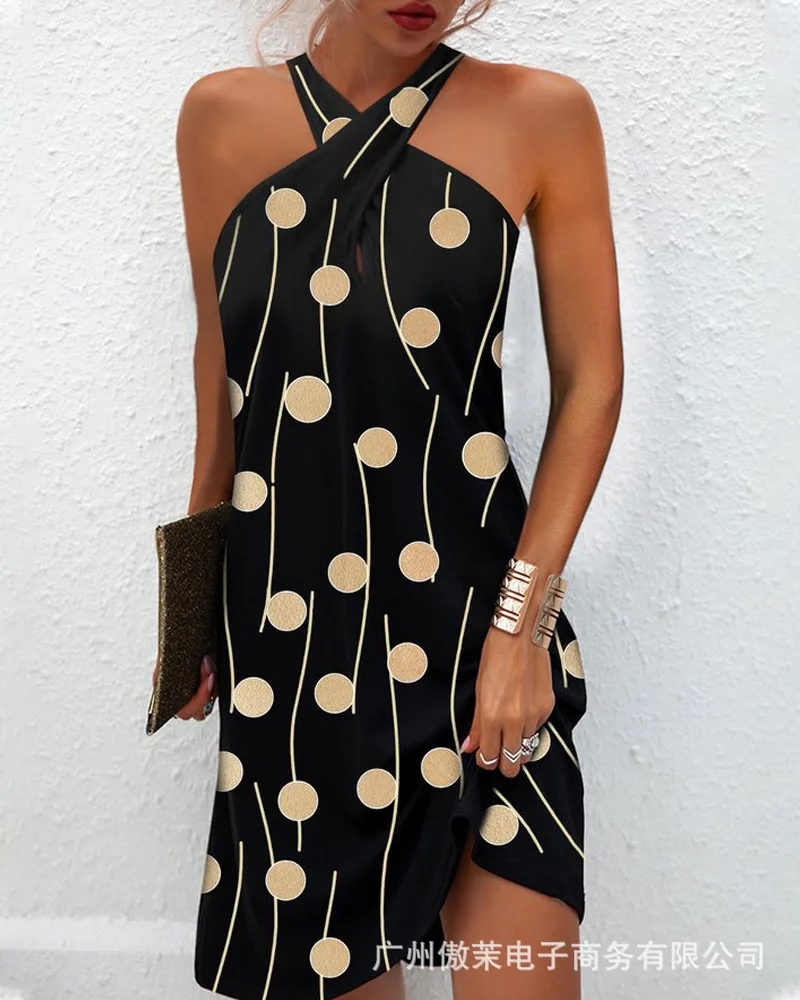 

Polka Dot Print Cross Halter Casual Dress Dot Floral Neck-mounted Tank Off Shoulder Slim Summer Mini Skirt