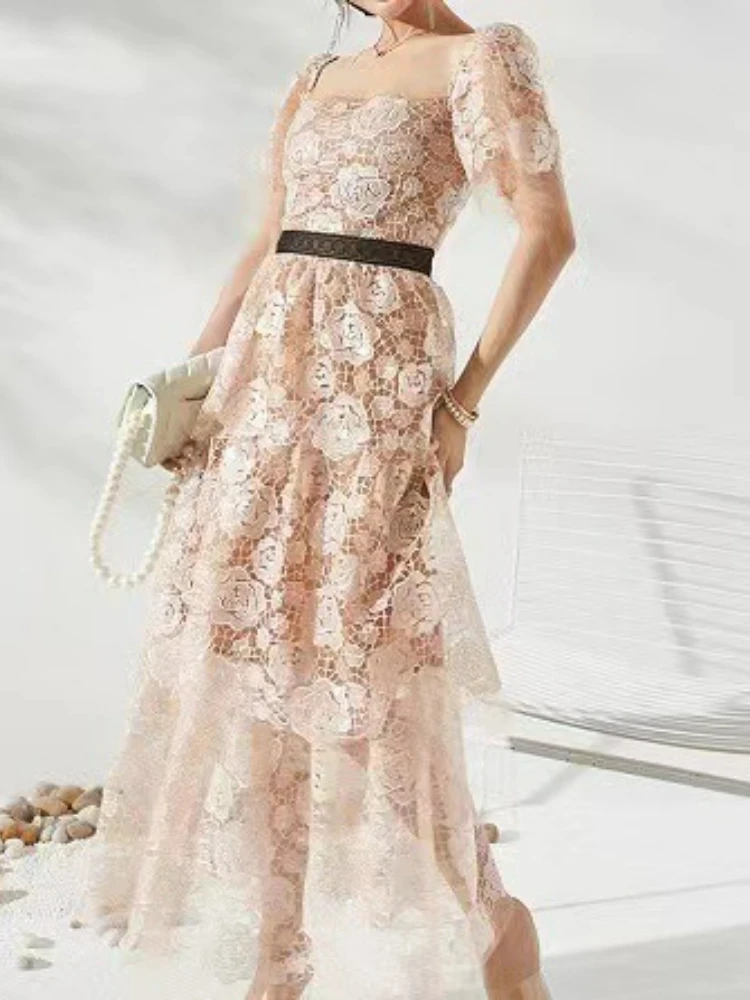

Women Nude Pink Rose Lace Hollow Embroidery Backless Dress 2023 Spring and Summer New
