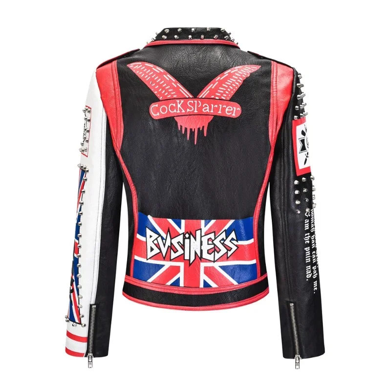 Rivets Motorcycle Leather Jacket Women 2024 Trend Rock Punk Style Streetwear Graffiti Print Faux Leather Cropped Jacket