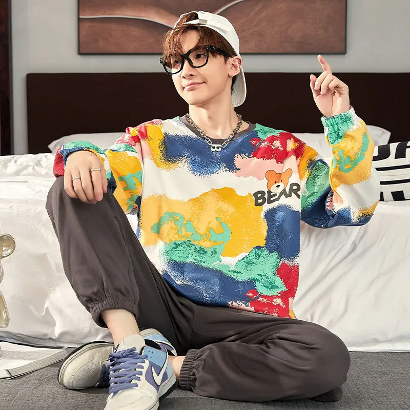 Men Pajamas Teenagers Cartoon Pure Cotton Long Sleeve Long Pants Nightclothes Suit Spring Autumn Male Round Neck Casual Homewear
