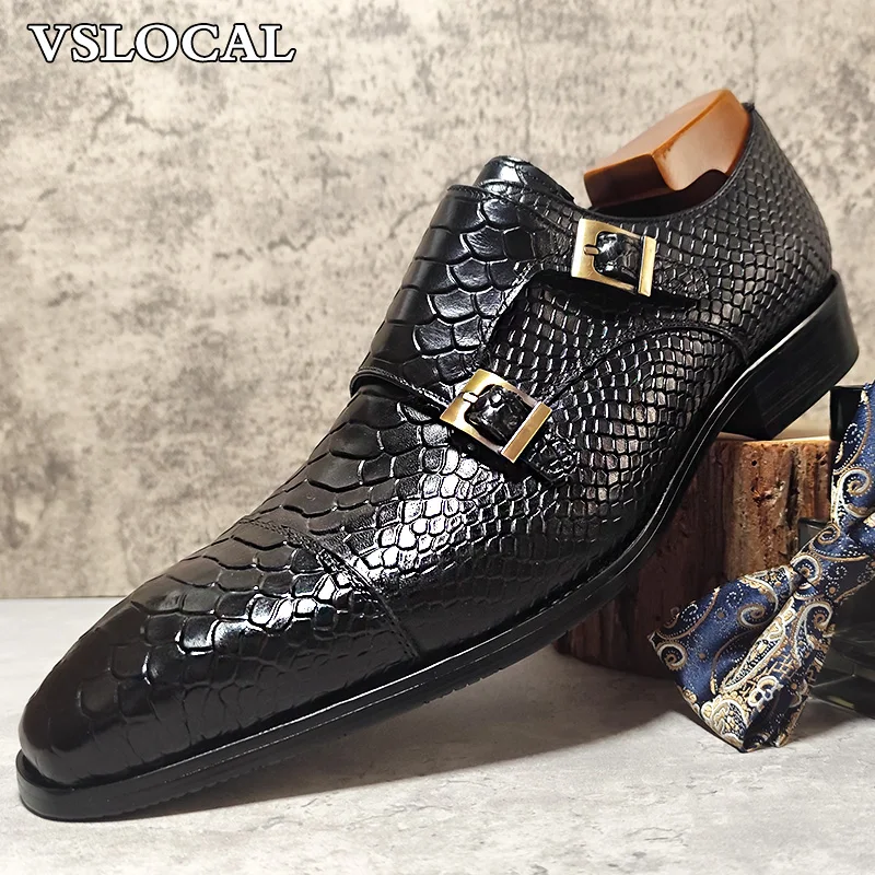 Luxury Men's Loafers Shoes Snake Prints Formal Dress Men Casual Shoes Black Brown Genuine Leather Double Monk Men leather shoes