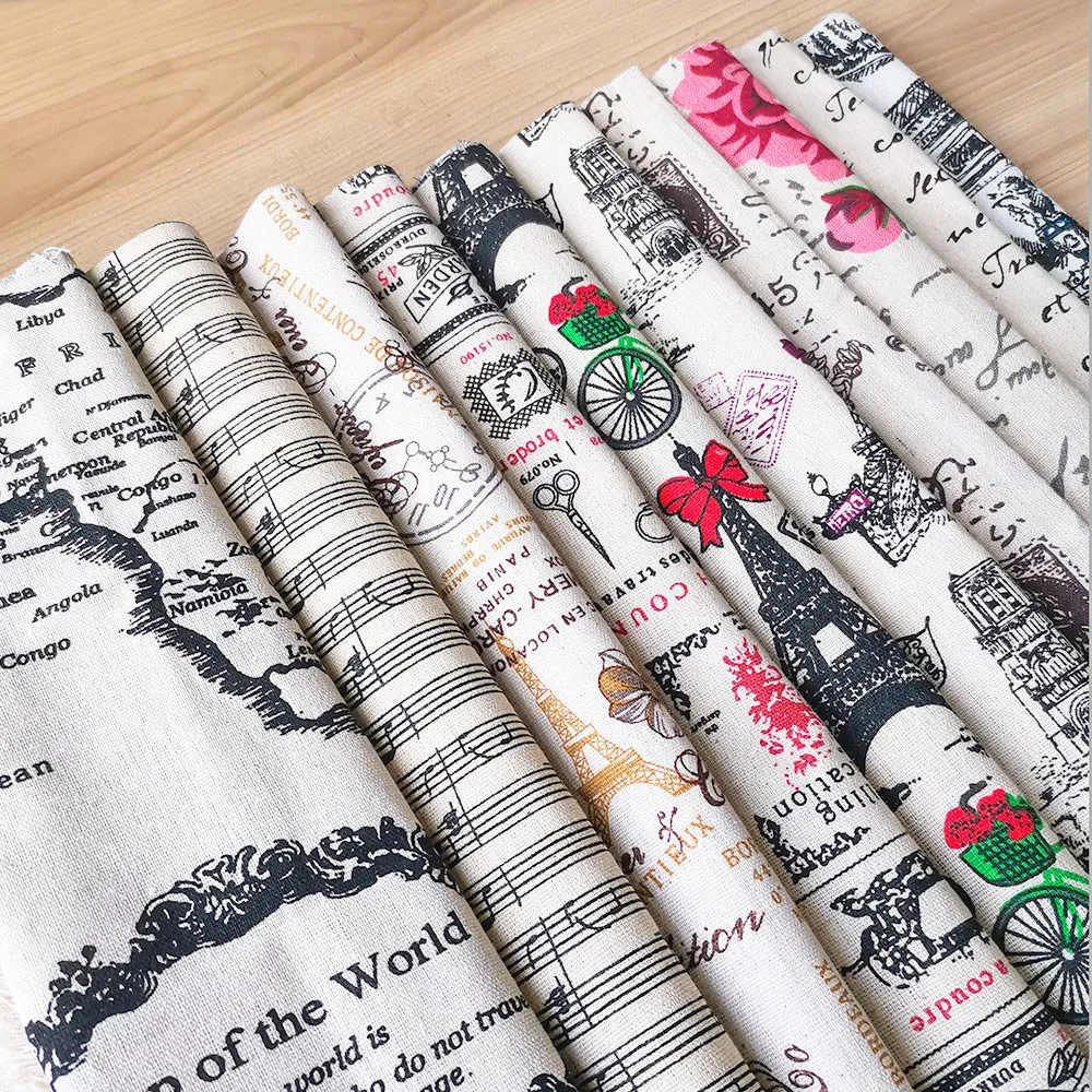 Purple Red Bow Bicycle Crown Eiffel Tower Retro Printed Cotton Linen Fabric Diy Sofa Tablecloth Cushion Pillow Materials