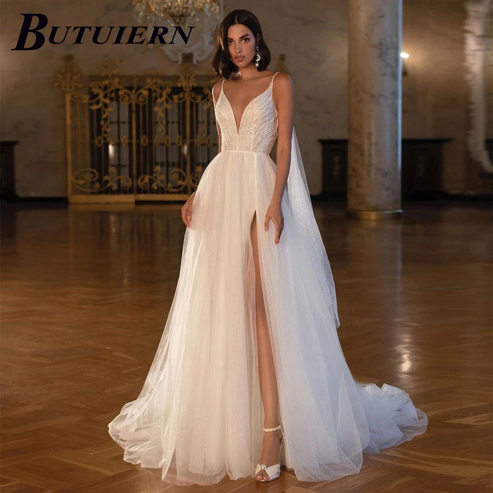 

Slit Appliques Wedding Dress Spaghetti Straps V-neck Lace Aline Bridal Gown Backless With Detachable Court Train Custom Made