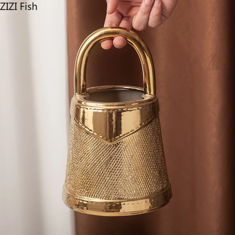 Golden Handbag Shape Ceramic Vase Flowers Pots Desk Decoration Flower Arrangement Creative Floral Vases Room Aesthetic Decor 5