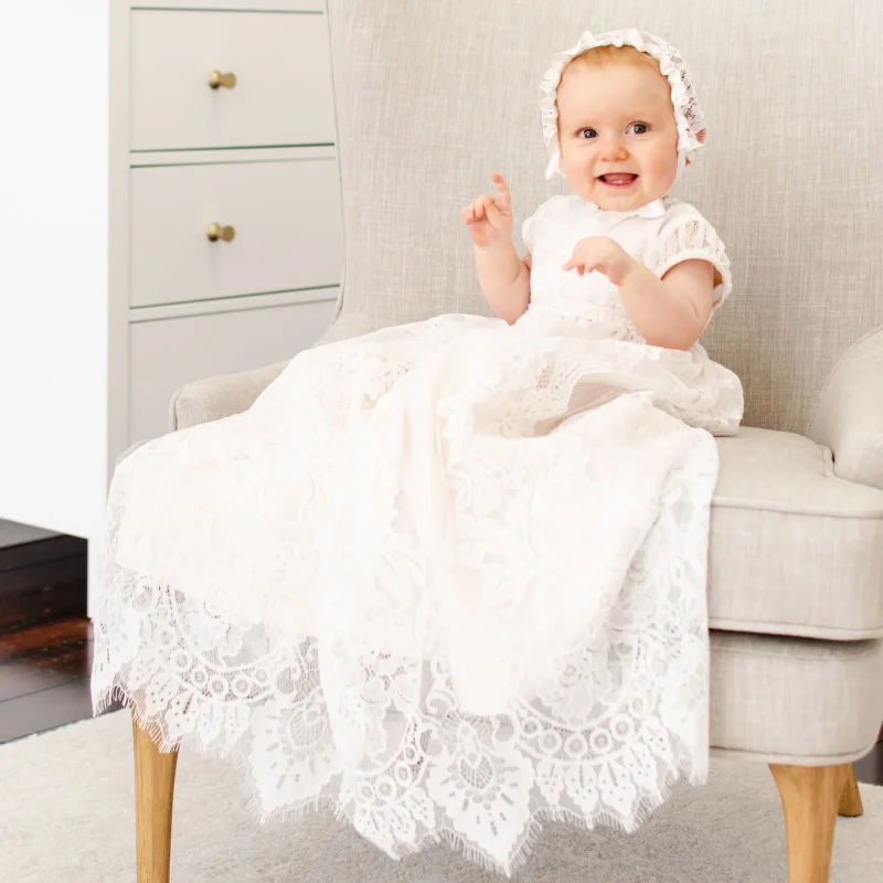 

Ivory Baby Girl Dresses Tulle Pattern Appliques Short Sleeve For Wedding Party Communion Christening Infant Baptism Clothes