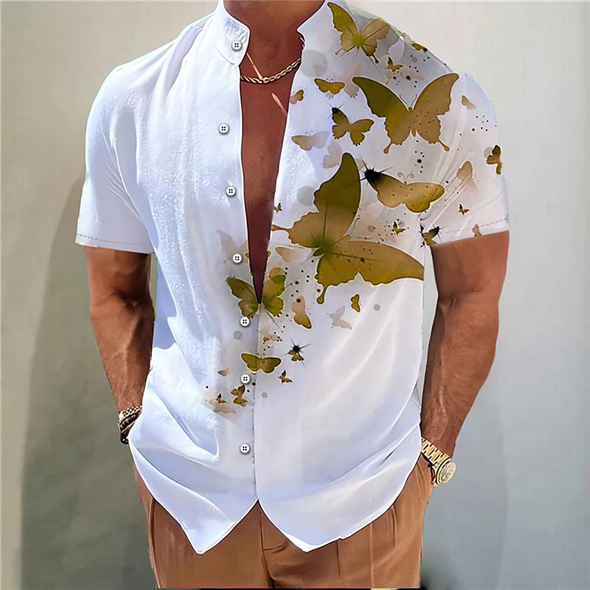 Casual Short Sleeved Shirt Short Sleeved Shirt Hawaiian Shirt Men's shirt butterfly pattern 3D printing stand collar multi-color outdoor street short sleeve Hawaiian large size shirt XS-6XL