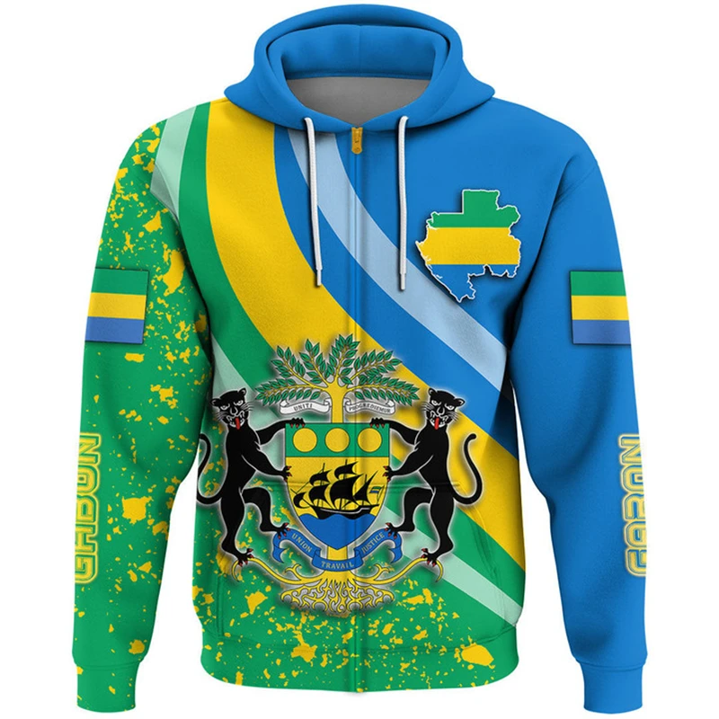 thumbnail image 1 of Sudadera con capucha y cremallera con la bandera de Gabón con estampado 3D para hombre, sudadera de manga larga con la bandera nacional de Gabón, tops de otoño y primavera, abrigo, ropa africana, 1 of 4