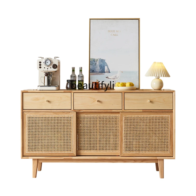 

Rattan Sideboard Cabinet Nordic Living Room Home Solid Wood Storage Homestay Hotel Storage Drawer Storage Cabinet