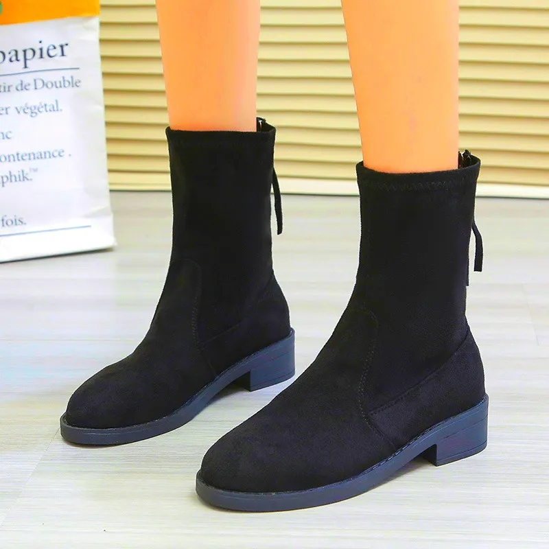 New Shoes for Women Fashion Zipper Women's Boots Winter Round Toe Solid Flock Casual Short Barrel Low-heeled Roman Shoes Women