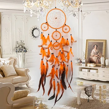 Five-rings Orange Dream Catcher Feather Indian Wall Hanging Outdoor Garden Home Car Study Room Living Room Decor Craft Gift tanie i dobre opinie VKTECH CN (pochodzenie) MASCOT Materiał organiczny Nowoczesne Iron Hoop + Feather + Terylene String + Beads As picture