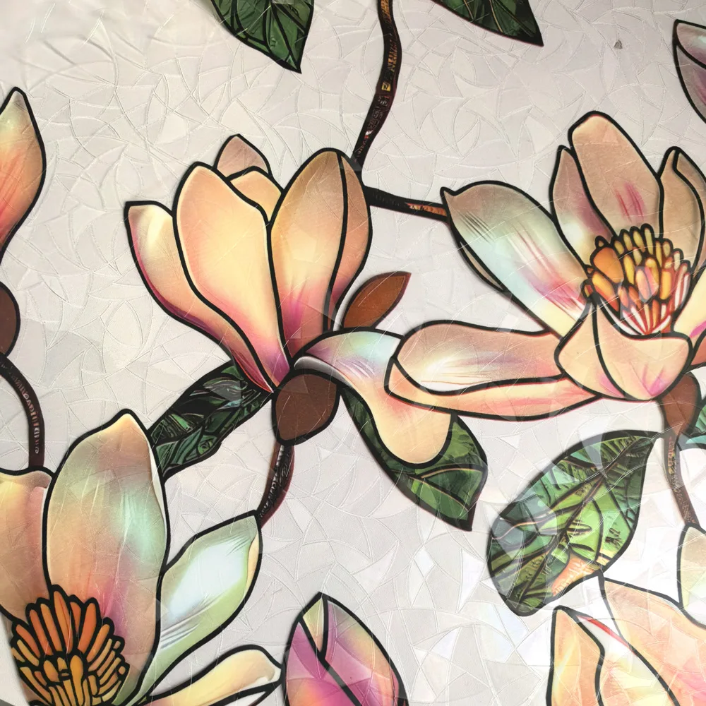 Rainbow Magnolia Window Cling Sticker 43x100cm Removable Static Cling Window Film Decorative Flower Vinyl for Home, Office, Cafe