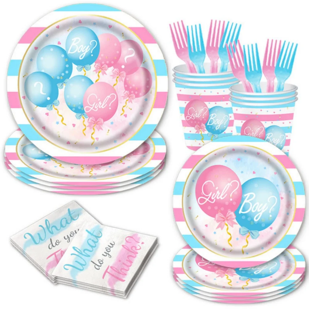 Pink Gender Reveal Theme Disposable Party Paper Tissue Paper Plate Tableware Set Birthday Party Cup Supplies 16 Servings