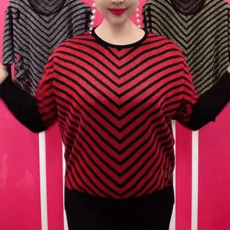 

New Temperament Women's Clothing Autumn and Winter Fashion Splice Striped Round Neck Long Sleeve Commuter Versatile Pullover