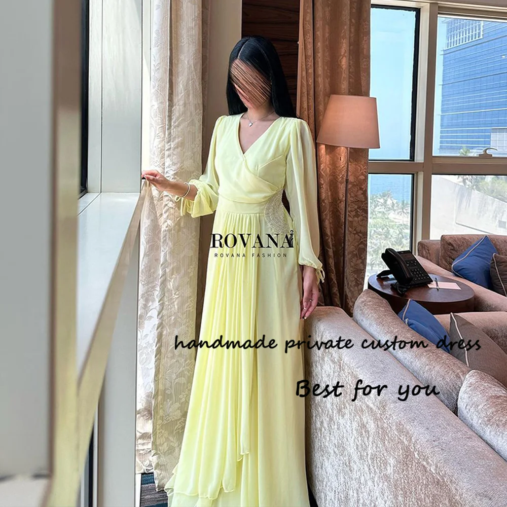 

Yellow Chiffon Evening Dresses Long Sleeve V Neck Beaded Arabian Formal Prom Dress Floor Length Evening Party Gowns