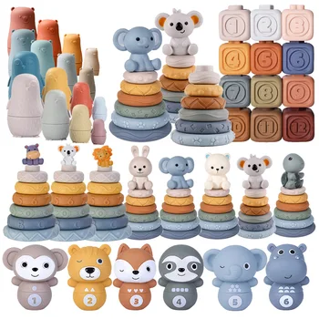 1Set Soft Silicone Building Blocks Stacking Blocks Baby Toy Round Shape Silicone Construction Toy Rubber Teethers Montessori Toy 1