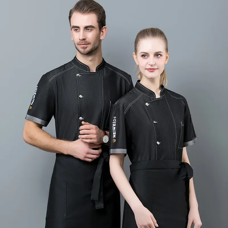 Denim Chef Work Uniform Short Sleeves Summer Hotel Restaurant Catering Bakery Post-Kitchen Workwear Men's Chef Outfit
