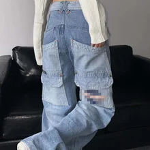 

WeiYao Vintage Cargo Jeans Women Y2k Hip Hop Baggy Wide Leg Denim Pants Casual Loose Harajuku Trousers 90s Streetwear Pockets