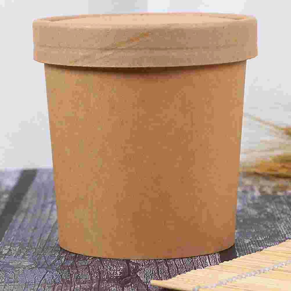 10Sets Disposable Kraft Soup Cups Pulp PECoated Mini Paper Meal Containers Lid PorridgeSoupIceCream LightweightPortableReusable