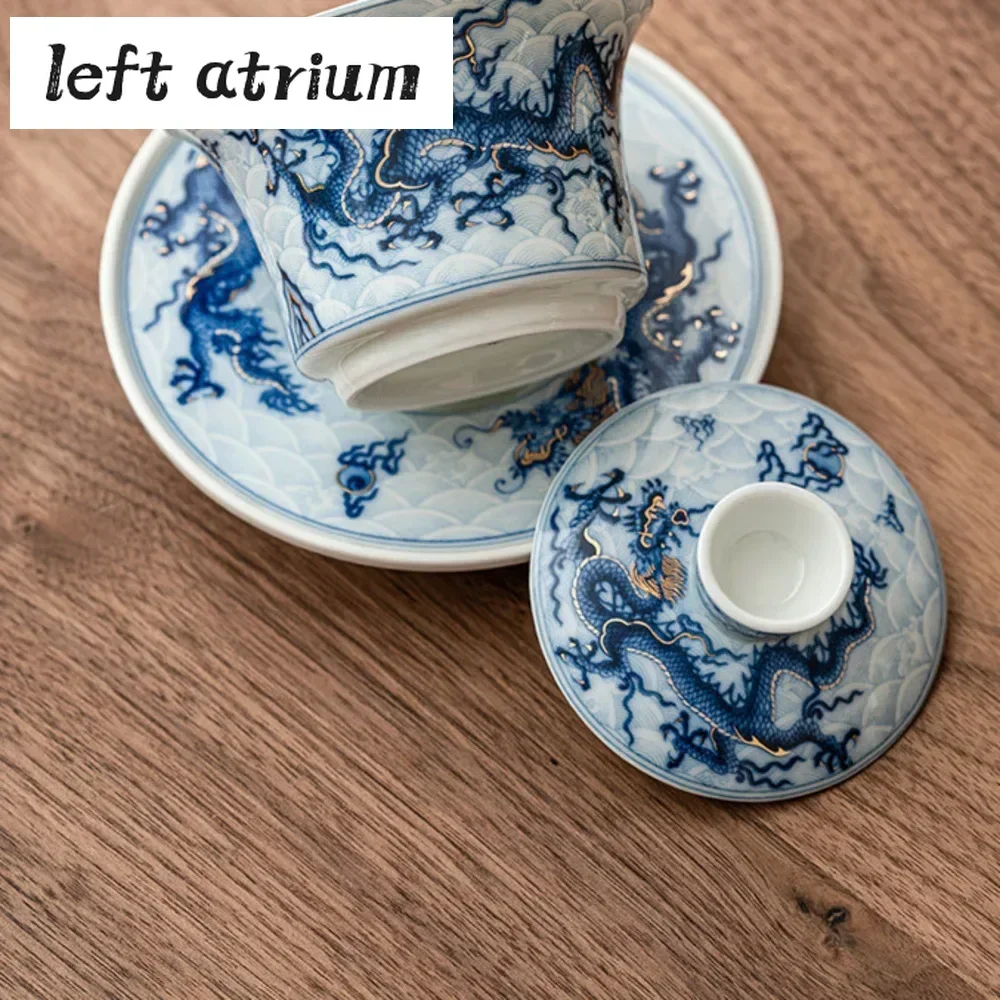 150ml Antique Gold Silver Inlaid Gaiwan Blue and White Dragon Tea Tureen Household Tea Maker Cover Bowl Services Ornaments
