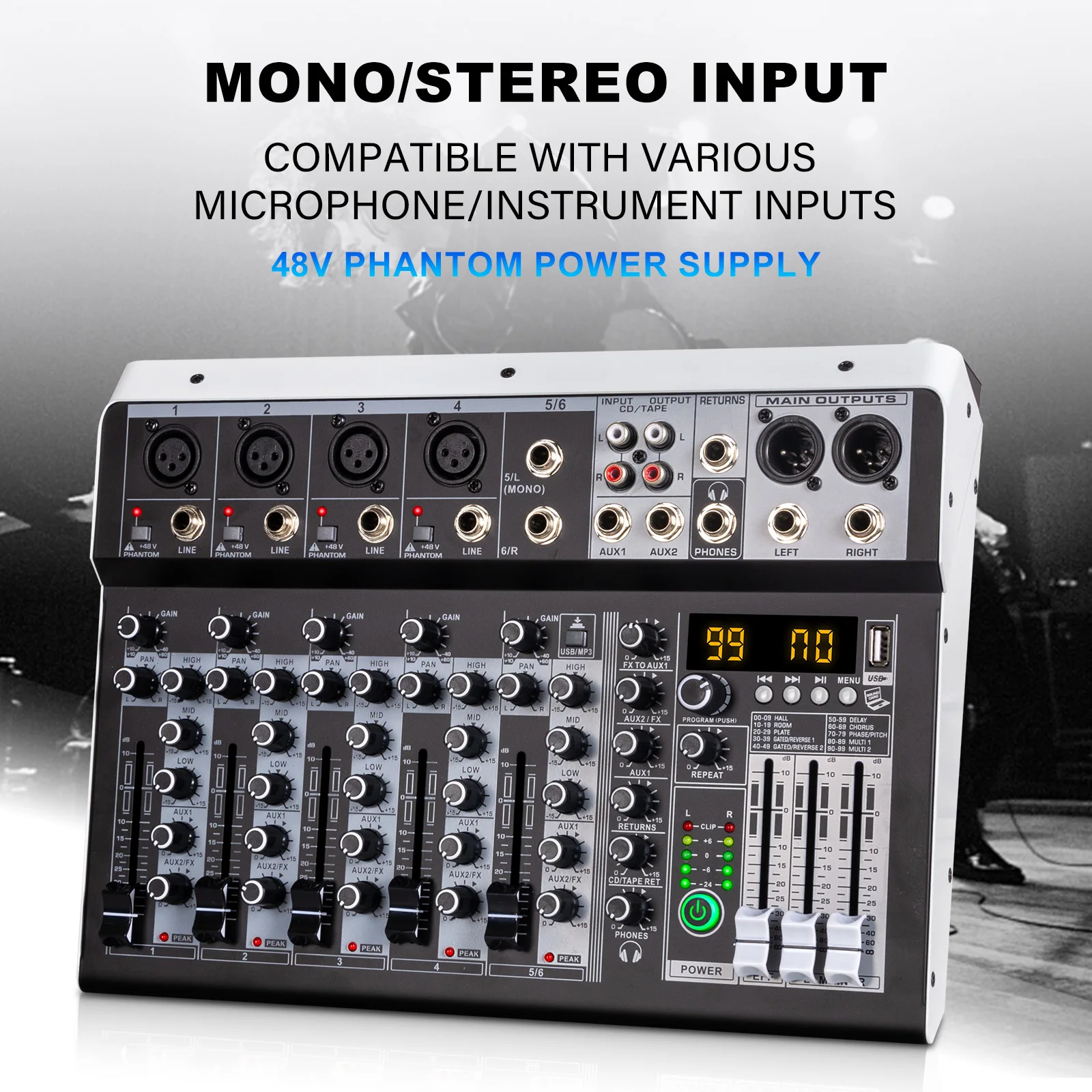 4 / 6 Channel Audio Interfacer DJ Mixer Sound Board 99-Bit DSP Effect USB Audio Mixer Effects +48V Phantom Bluetooth for Karaoke