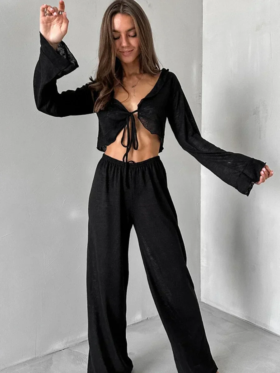 Bornladies Women's Summer Lace Up Loose Casual Long Sleeved Pants Set  Fashion Home Clothes Sexy Solid Color Basic Pajamas Set