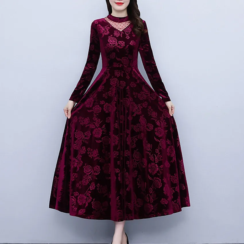 

Autumn Winter Dress Women O-Neck Vintage Velvet Dress Ladies Long Sleeve Mesh Neck Elegant Midi-calf Dresses Vestidos