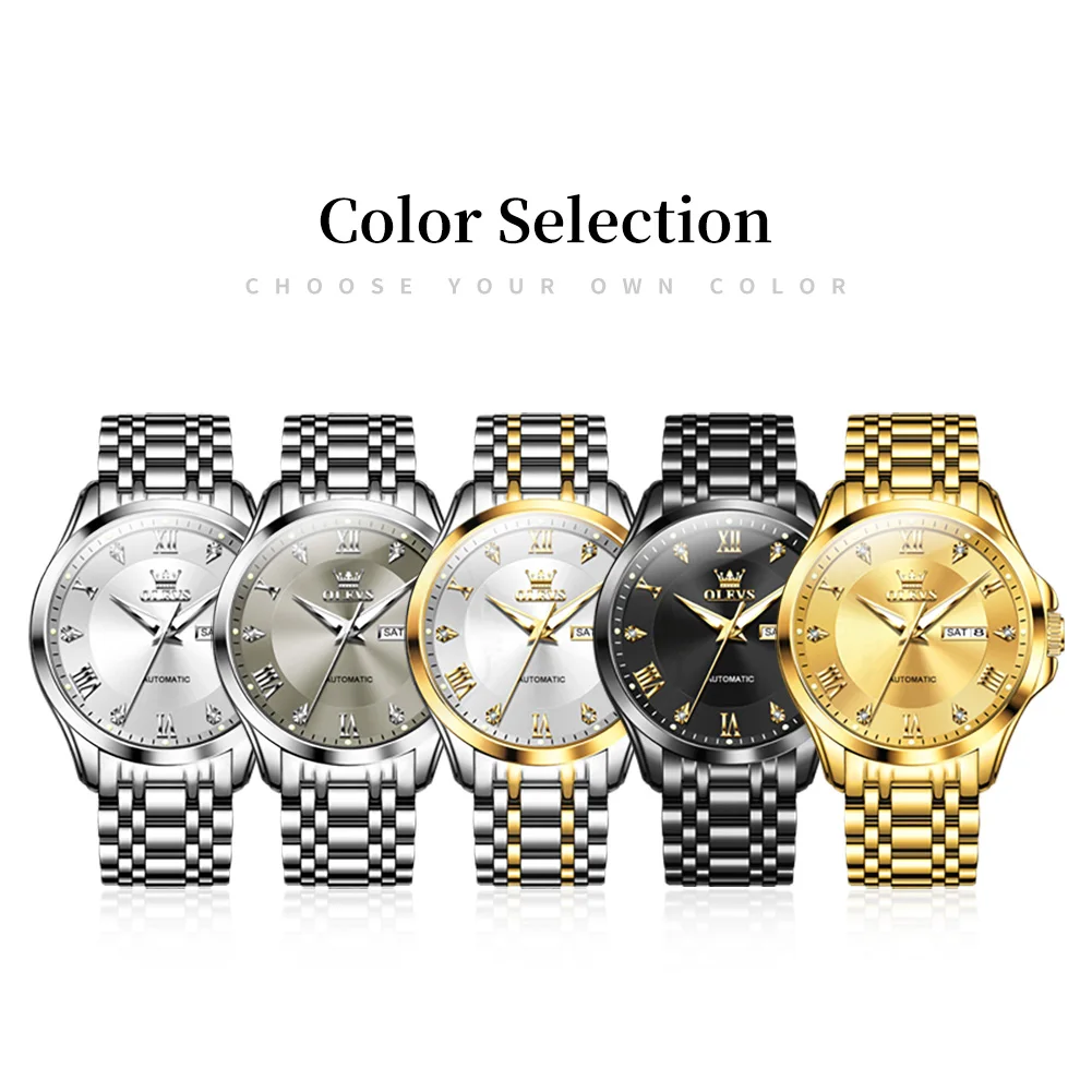 OLEVS 6702 Original Top Brand Gold Watch for Men Waterproof Mechanical Movement Luminous Stainless Steel Mans Wristwatch New