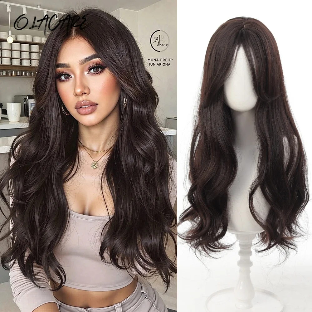 Synthetic Wavy Wig for Women with Bangs Brown Black Long Hair