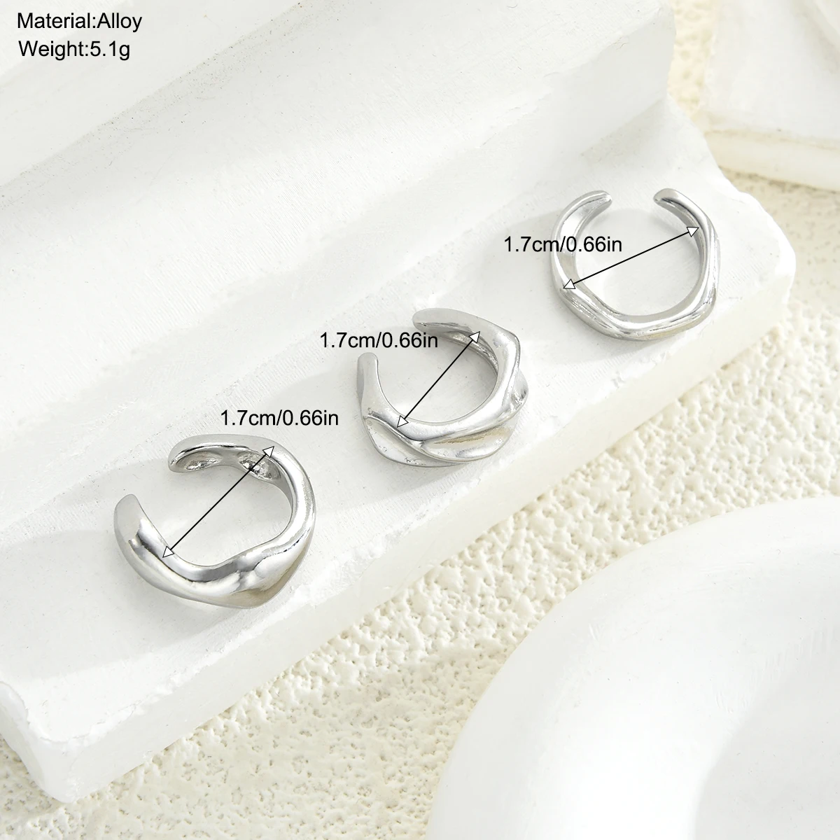 Ear Clip 3pcs Punk Irregular Silver Color Metal For Women Men Textured Non-Pierced Stylish Earcuff Christmas Jewelry