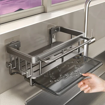 Kitchen Sink Drain Rack With Tray Aluminum  Sink Shelf Soap Sponge Holder Dishcloth Towel Rack filter basket