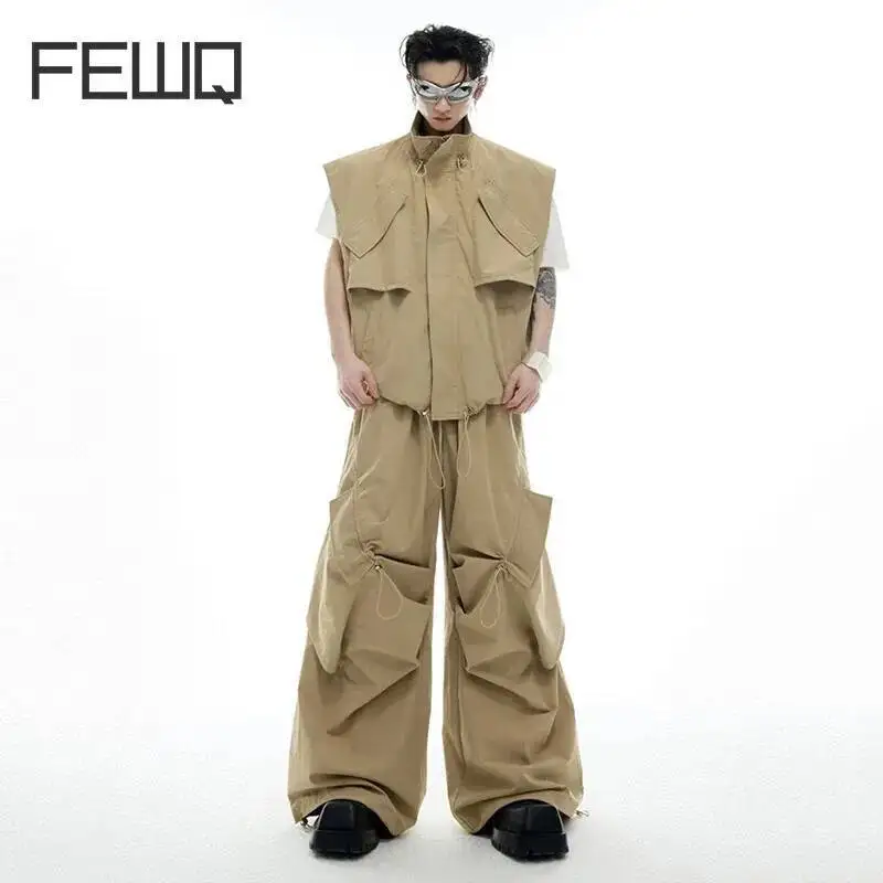 FEWQ 솔리드 컬러 남성 세트 턴 다운 칼라 불규칙한 Drawstring 디자인..